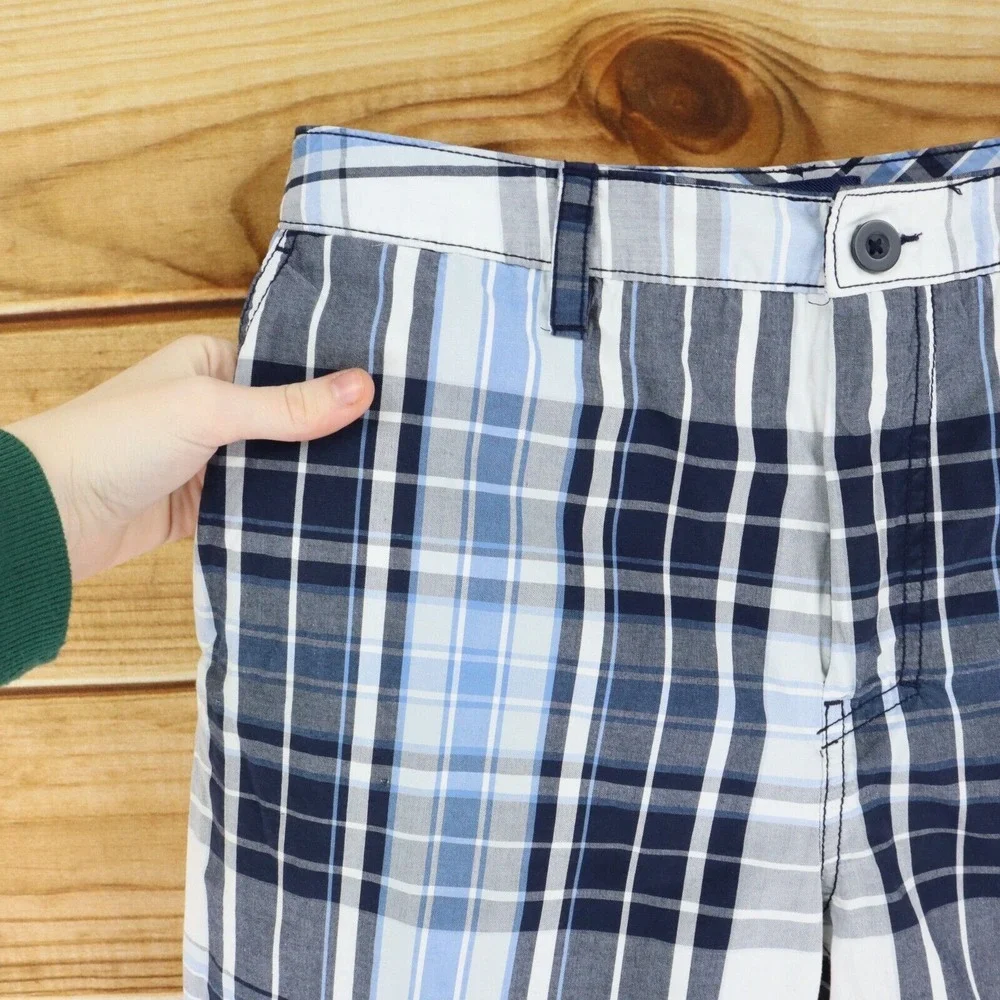 Croft &‎ Barrow Casual Shorts Flat Front Mens Size 33 Blue Plaid 100% Cotton